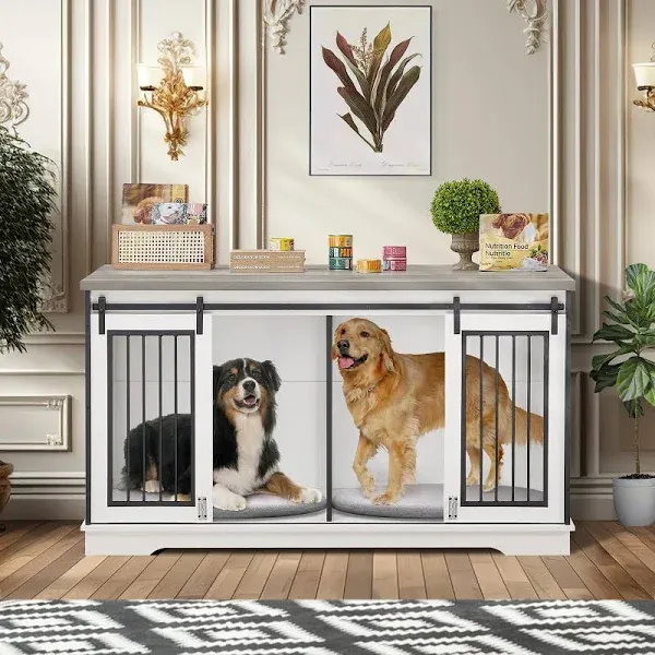 Yafylly 2-in-1 Double Dog Crate Furniture with Divider 60.6 Inch Sturdy Dog TV Stand with 2 Sliding Doors and Thick Iron Door 2