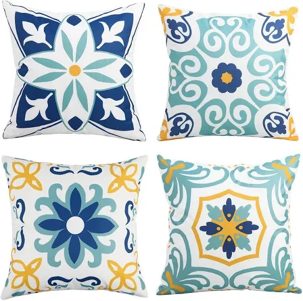 Outdoor Waterproof Throw Pillow Covers Set of 4 Floral Printed Blue 18X18 Inch