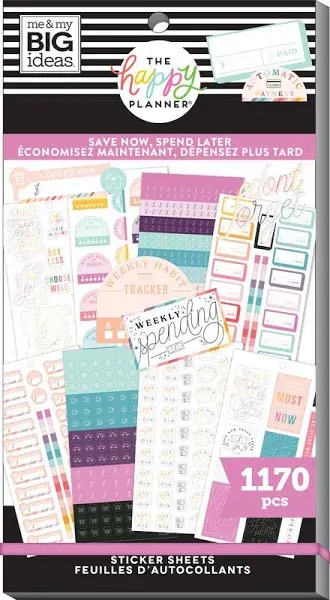 The Happy Planner Sticker Value Pack - Planner Accessories - Save Now Spend Later Theme - Multi-Color - Great for Budgeting & Organizing - 30 Sheets, 1170 Stickers