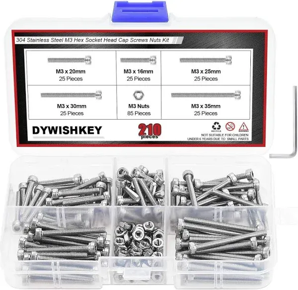 DYWISHKEY 210 Pieces M3 x 16mm/20mm/25mm/30mm/35mm Stainless Steel 304 Hex Socket Head Cap Bolts Screws and Nuts Kit