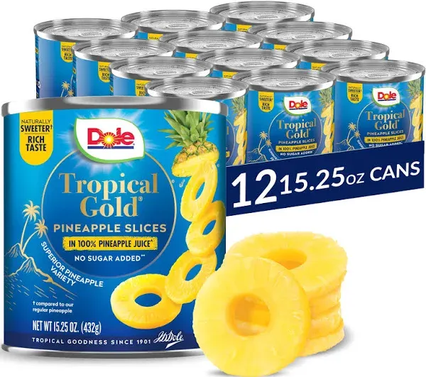 Dole Canned Fruit, Tropical Gold Pineapple Slices in 100% Pineapple Juice, Gluten Free, Pantry Staples, No Sugar Added, 15.25 Oz, 12 Count