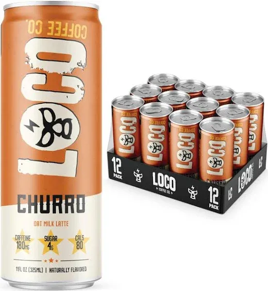 Loco Coffee Churro Oat Milk Latte Cold Brew Coffee [Churro] 11 Ounce Can, 12 Count | Medium Roast, 180mg Caffeine | Gluten Free and Dairy Free | Low Sugar, Low Calorie Iced Coffee