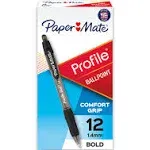 Paper Mate Profile Ballpoint Pen, Retractable, Bold 1.4 mm, Black Ink, Translucent Black Barrel, Dozen