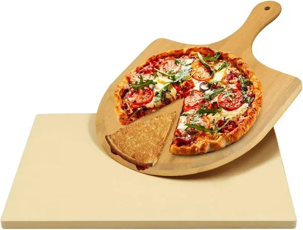 Augosta Pizza Stone for Oven and Grill, Free Wooden Pizza Peel paddle, Durabl...