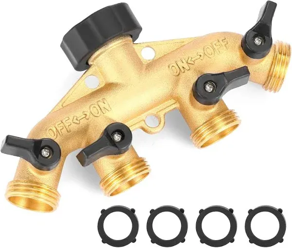 4 Way Heavy Duty Brass Garden Hose Splitter, Hose Connector 3/4", Hose Spigot Adapter with 4 Valves