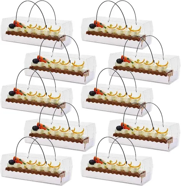 10 Pcs Clear Bakery Cake Boxes 10.8X4.3X3.8inch Pastry Dessert Cookies Gift Boxes with Handle and Paperboard for Bakery Cupcakes Candy,Suitable for Birthday Wedding Mother's Day Baby Shower