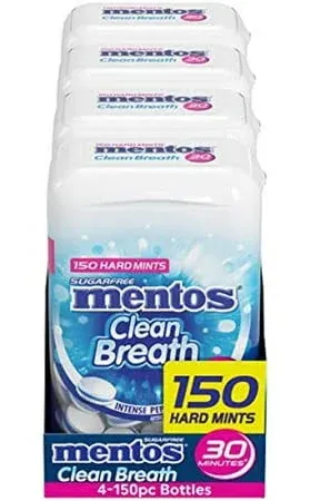 Mentos Clean Breath Hard Mints, Sugar Free, Intense Peppermint - 4 - 150 piece bottles (600 pieces)