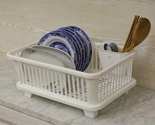 Basicwise Plastic Dish Rack with Drain Board and Utensil Cup