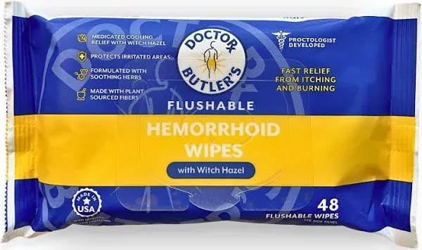 Doctor Butler's Flushable Hemorrhoid Wipes – Flushable Wipes with Witch Hazel to Soothe and Bring Relief from Discomfort Associated with Hemorrhoids (3 Pack - 48 Count)