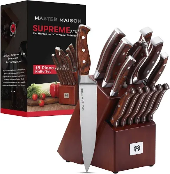 Master Maison 15-Piece Premium Kitchen Knife Set With Block, Walnut