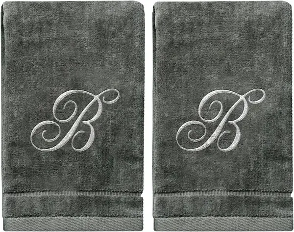 Monogrammed Towels Fingertip, Personalized Gift, 11 x 18 Inches - Set of 2- Silver Embroidered Towel - Extra Absorbent 100% Cotton- Soft Velour Finish - For Bathroom/ Kitchen/ Spa- Initial W (Gray)