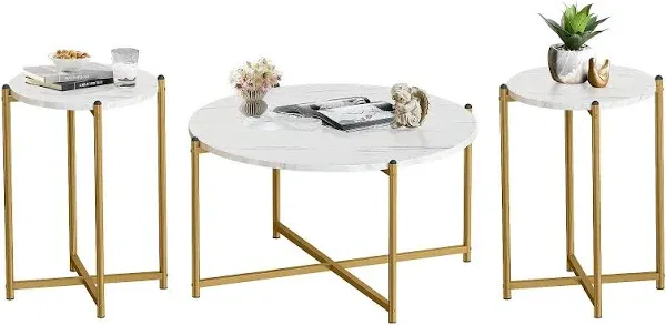 Lamerge Coffee Table Set of 3,Modern Faux Marble Top with Golden Frame,1 Coffee Table & 2 Accent Table, Living Room Table Set, for Apartment,Office and So on,White & Gold (LCTR-W)