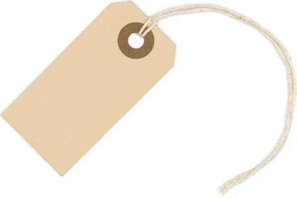 Manila Paper Tags with String - #1, 2 3/4” x 1 3/8” Box of 100 Small Hang Tags with String Attached and Reinforced Hole, Manila Tags with Strings, Shipping Tags with String