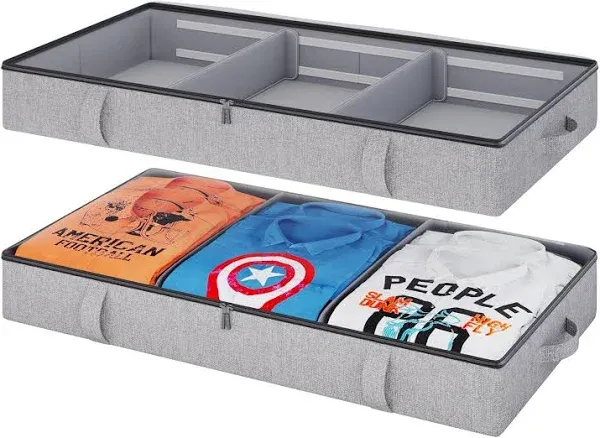 Under Bed Storage Containers 2 pack - Storage Bins Under the Bed with Plastic Clear Cover Divider Drawer - Bedroom Storage and Organization Under Bed Frame – 5 inch Flat Organizer Box for Clothes, Shoes, Blankets