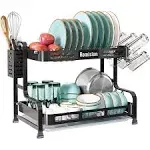 2 Tier Dish Drying Rack, Romision 304 Stainless Steel Large Dish Rack and Drainboard Set with Utensil Holder, Cup Holder and Water Tray, Dish Drainer