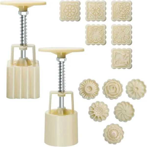 Moon Cake Mould, Luxiv 12 PCS Pattern Hand-Pressure Mooncake Molds for Mid-Autumn DIY Pastry Tool 2 Sets with 6pcs Round Flower Mooncake Mode and 6 Pcs Square Pattern Mooncake Mould (White, 100g)