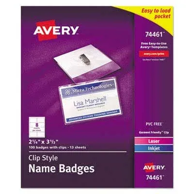 Avery - Clip-Style Name Badge Holder with Laser/Inkjet Insert, Top Load, 4 x 3, White, 100/Box