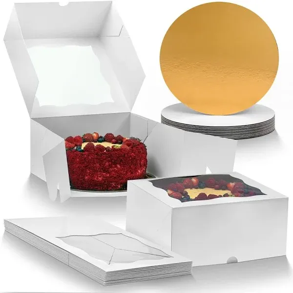 DELIHIDE Cake Boxes &amp; Boards Set - 12 White Boxes, 12 White/Gold Cake Boards 10&#034;