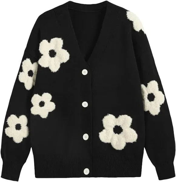 V-Ausschnitt Grafik Blumen Knopf Strickjacke