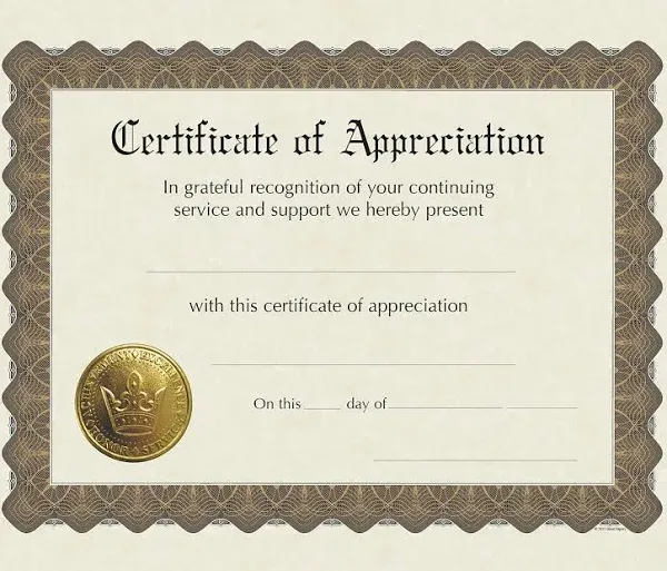 Great Papers! Certificate of Appreciation, Pre-Printed, Gold Foil, Embossed, 8.5" x 11", 6 Count (930000)