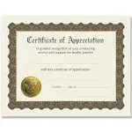 Great Papers! 930000 11&#034; x 8.5&#034; Appreciation Certificates - Ivo/Brn/Gld 6/PK New