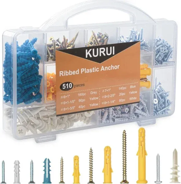 510PCS Drywall Anchors and Screws Assortment Kit, 265 Plastic Wall Anchors an...