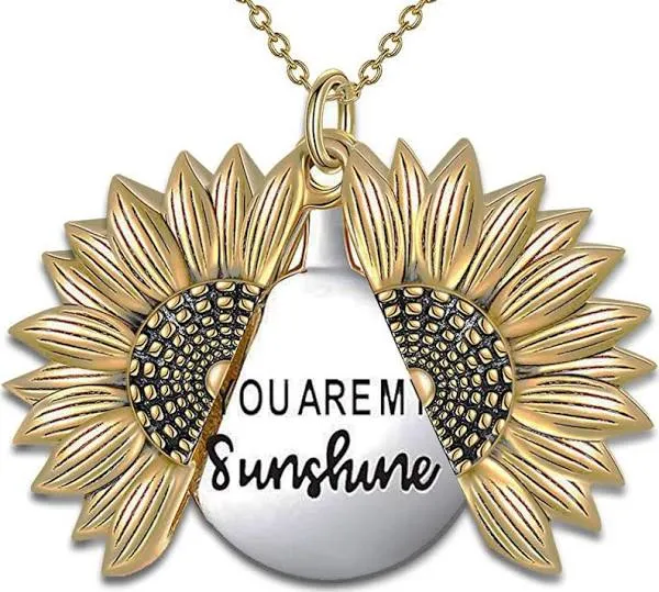 You are My Sunshine Necklace - Sunflower Necklace Locket with Engraved Hidden Message Pendant for Women, Mother, Daughter