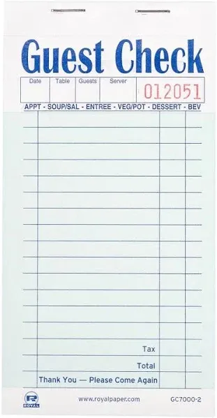 Royal Guest Check Book, Carbonless Duplicate, 3 2/5 x 6 7/10, 50/Book