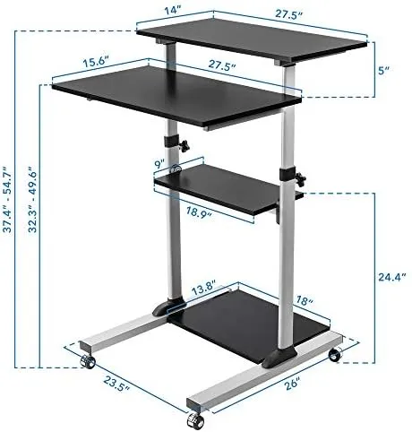 Mount-It! Wide Mobile Stand Up Desk | Height Adjustable Rolling Workstation with 40" Wide Table Tops | Multi-Purpose Rolling Presentation Cart with Four Platforms | Black (MI-7970B)