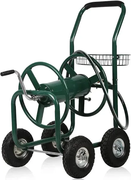 Dkeli Hose Reel Cart Garden Hose Carts with Wheels Heavy Duty Portable Water Hose Cart 4 Wheels Outdoor Yard Lawn Planting Truck with Storage Basket