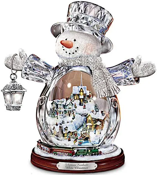 Thomas Kinkade Crystal Snowman Figurine Featuring Light-Up Village and Animated Train by The Bradford Editions