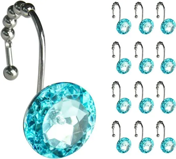 Sunlit Luxury Design Round Teal Blue Diamond Crystal Gem Bling with Glide Balls Shower Curtain Hooks for Mermaid Shower Curtains, Rust Proof Metal Rhinestones Glam Shower Curtain Rings-12 Pack