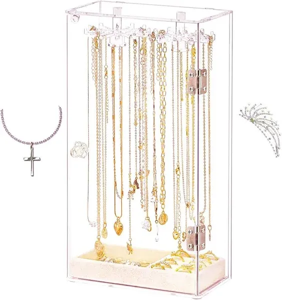 boailydi Acrylic Necklace Holder Necklace Organizer Rotatable Clear Jewelry Organizer Display Case for Long Necklaces Pendant Bracelets