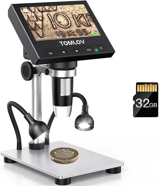 Tomlov DM4S 1000X Error Coin Microscope with 4.3" LCD Screen, USB Digital Microscope with LED Fill Lights, Metal Stand, PC View, Photo/Video, SD Card