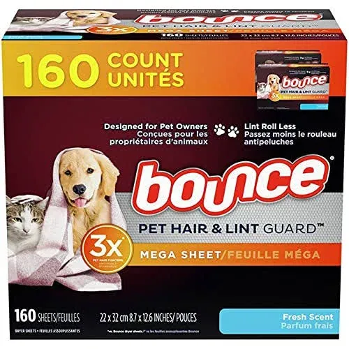 Bounce Pet Hair & Lint Guard Dryer Sheets, Fresh Scent, Mega - 160 sheets