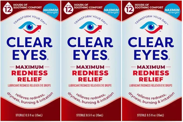 Clear Eyes Redness Eye Relief Eye Drops, 0.5 Fl Oz, Pack of 3