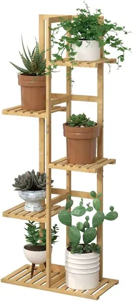 Bamboo 5 Tier 6 Potted Plant Stand Rack Multiple Flower Pot Holder Shelf, Ind...