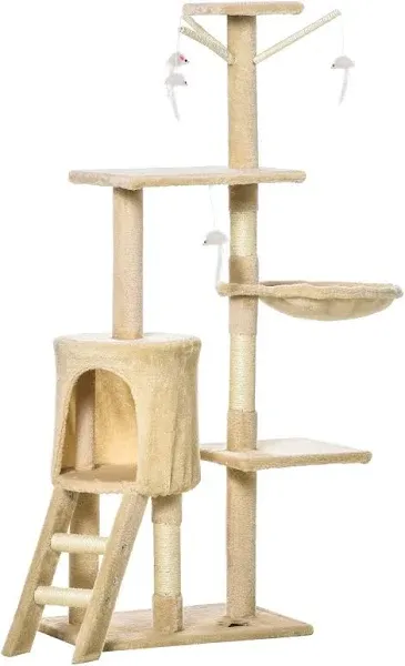 PawHut 53" Plush Sturdy Interactive Cat Condo Tower Scratching Post Activity Tree House