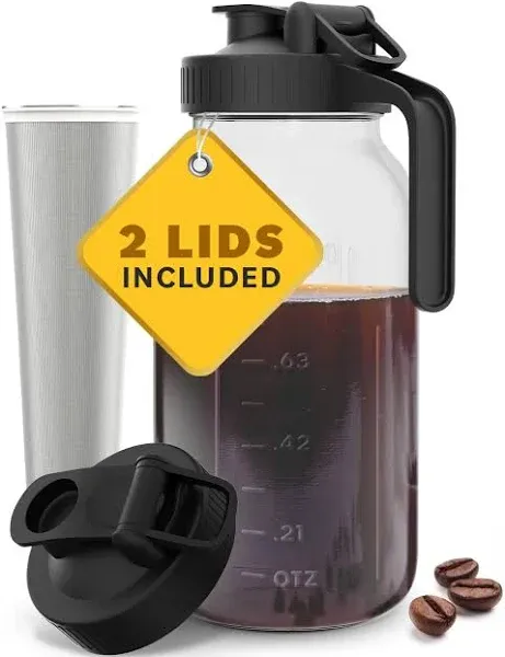 Cold Brew Coffee Maker with Heavy Duty Glass Body & 2 Lids - Iced Tea Machines with Stainless Steel Filter - Iced Coffee Maker - Cold Brew Mason Jar Pitcher with Flip Cap Lid (64 oz / 2 quart, Black)