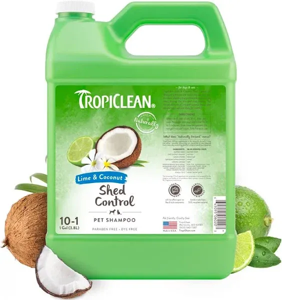 TropiClean Lime & Coconut Deshedding Dog Shampoo for Shedding Control | Natural Pet Shampoo Derived from Natural Ingredients | Cat Friendly | Made in The USA | 1 gal.