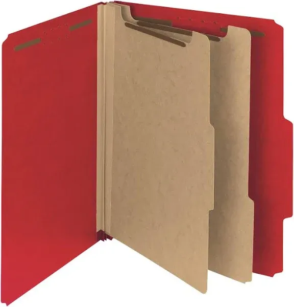 Smead Pressboard Classification Folders, 2 Dividers, Legal Size, Red, 10-Pack