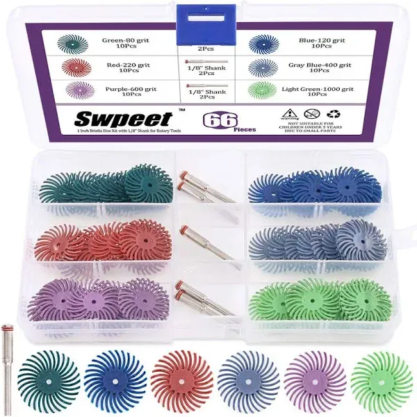 Swpeet 66Pcs 1 Inch 6 Mixed Grit Disc Abrasive Brush Gap Polish