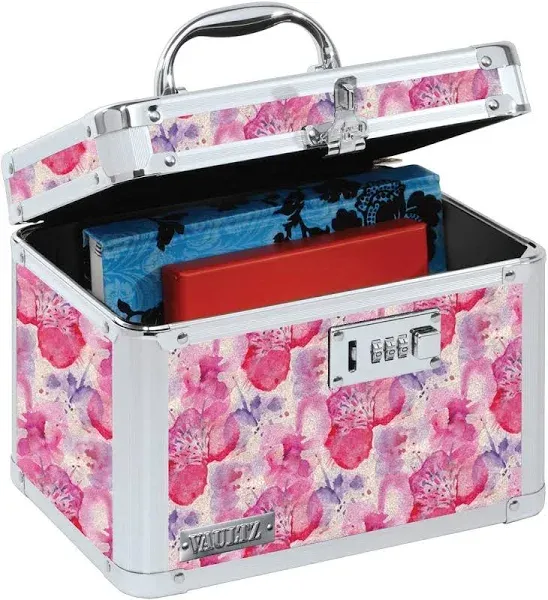 Vaultz Combination Lock Box - Secure Safe for Documents, Valuables, Medicine & Money - 10 x 7.25 x 7.75 Inch - Floral, Pink & Gray