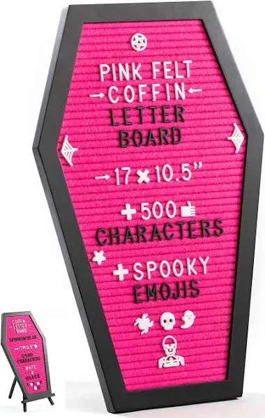 Coffin Letter Board Pink With Spooky Emojis +500 Characters, and Wooden Stand - 17x10.5 Inches - Gothic Halloween Decor Spooky Gifts Decorations