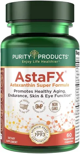 Purity Products AstaFX Astaxanthin Antioxidant Super Formula from Clinically Tested 4 mg AstaREAL with Multi-Component Tocotrienols (Vitamin E) + BioPerine Black Pepper + Piperine - 30 Veg Capsules