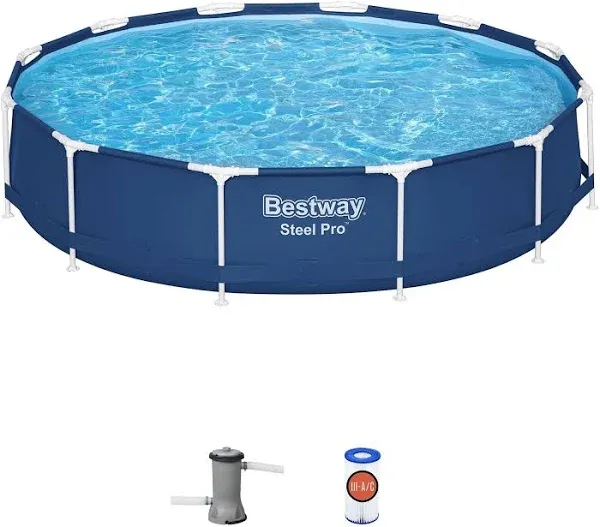 Bestway Steel Pro 12 feet x 30 inches Round Above Ground 1,710 Gallon Pool Set with DuraPlus Liner, 530 Gallon Pool Filter, and Repair Patch