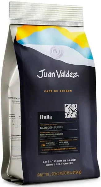 Juan Valdez Huila Medium Roast Whole Bean Coffee, Origin Selection, Colombian Coffee, Balanced and with residual sweet notes, medium acidity, intense fragrance, Certified Humane, Rainforrest, Halal, Kosher, BASC, OEA