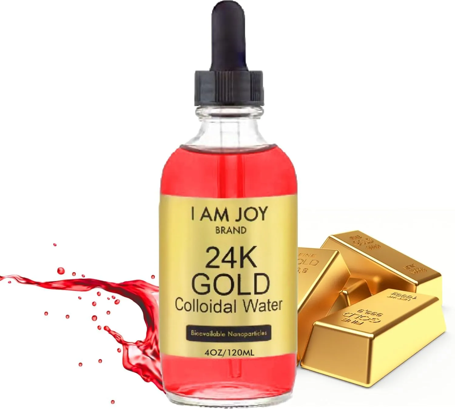 I Am Joy Co. I Am Joy: Liquid Colloidal Gold 24K 99.99% Pure 100ppm Ruby Red Water Based All Natural Electrolysis 4oz Glass Bottle