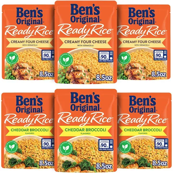 BEN'S ORIGINAL Ready Rice Creamy Four Cheese and Cheddar Broccoli Variety Pack, Easy Dinner Sides, 8.5 OZ Pouch (Pack of 6)