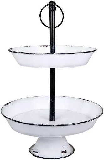 17" White Distressed 2-Tier Enameled Metal Tray